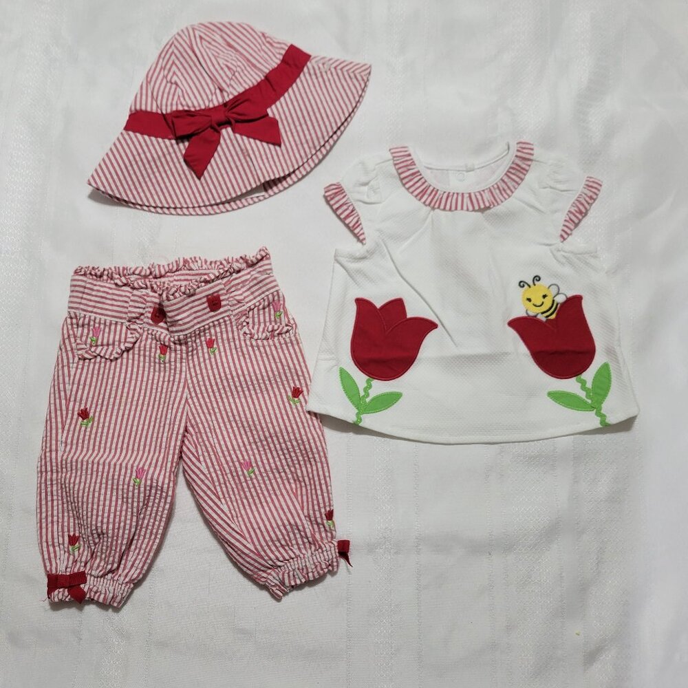 Gymboree Too Cute Tulip NWT 0-3 month top, VGUC pants, 3-6 month hat set. Mixed